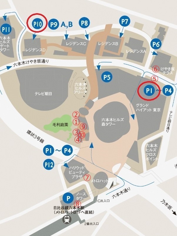 ペットOKの駐車場は機械式のP1か自走式のP10だけです。赤い丸数字は今回紹介したお店の位置